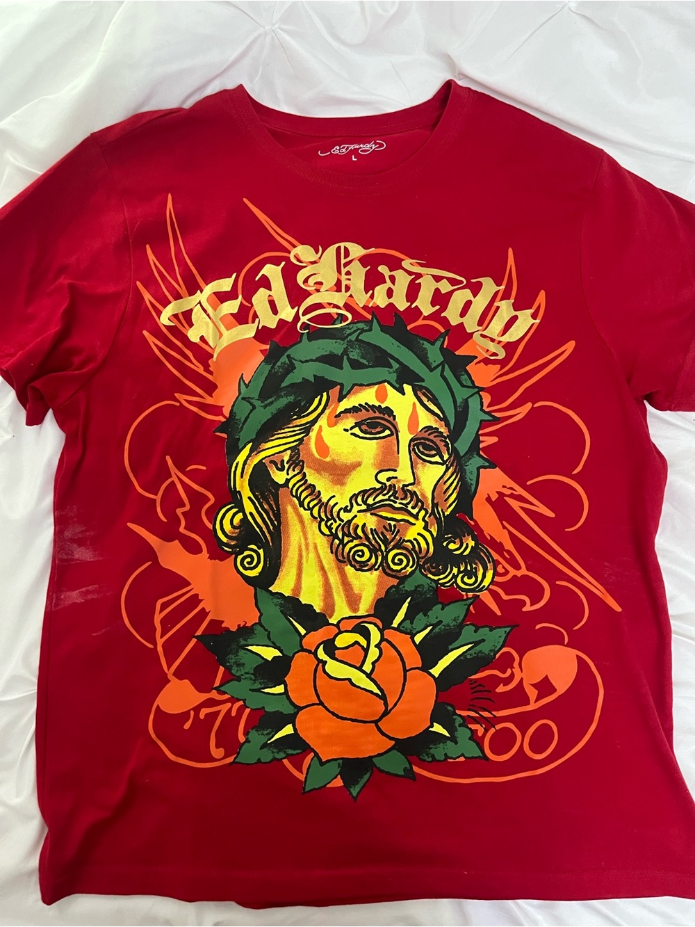 Ed Hardy Red Short-Sleeve Graphic Tee with Multicolor Faith Motif